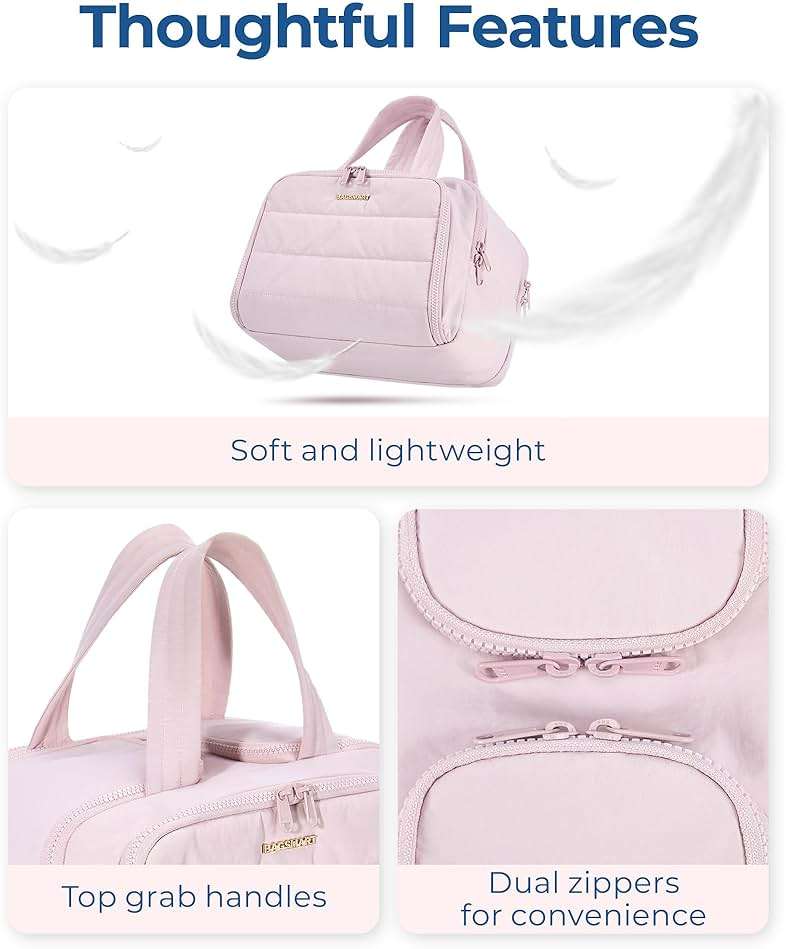 BAGSMART Travel Toiletry Bag, Crush Toiletry Bag for Women, Wide-open Puffy Toiletry Bags for Traveling, Large Travel Cosmetic Makeup Bag Organizer for Accessories,Toiletrie, Pink - Image 3