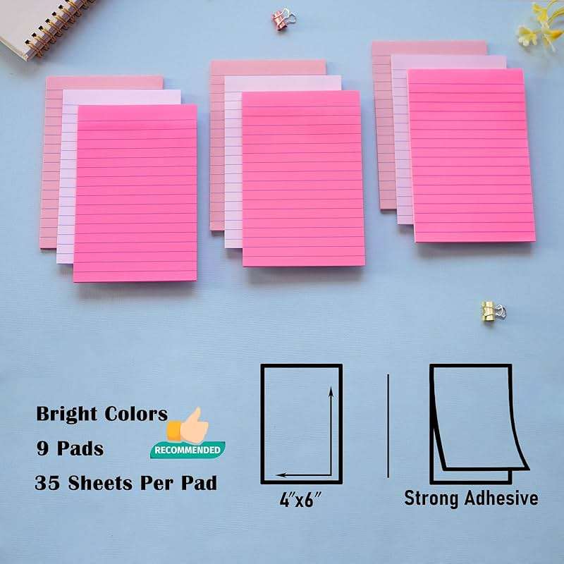 9 Pack Lined Sticky Notes 4X6 in Post Sticky Notes with Lines, Large Ruled Post Sticky Colorful Super Sticking Power Memo Pads Strong Adhesive (Pink Themed) - Image 3