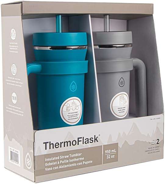 ThermoFlask Premium Quality Double Wall Insulated Stainless Steel Tumbler with Handle and Straw Lid, 32 Ounce, 2-Pack, Crystal Teal/Circular Grey - Image 1