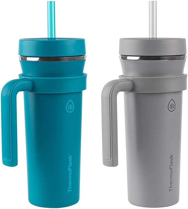 ThermoFlask Premium Quality Double Wall Insulated Stainless Steel Tumbler with Handle and Straw Lid, 32 Ounce, 2-Pack, Crystal Teal/Circular Grey - Image 3