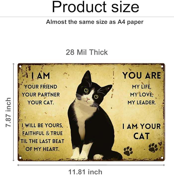 ALKB Vintage Metal Cat Sign - "I Am Your Friend, Your Partner, Your Cat" - 8"x12" Retro Metal Wall Decor for Cat Lovers, Pet Themed Gift with Paw Prints. - Image 3