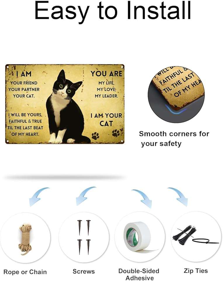 ALKB Vintage Metal Cat Sign - "I Am Your Friend, Your Partner, Your Cat" - 8"x12" Retro Metal Wall Decor for Cat Lovers, Pet Themed Gift with Paw Prints. - Image 7