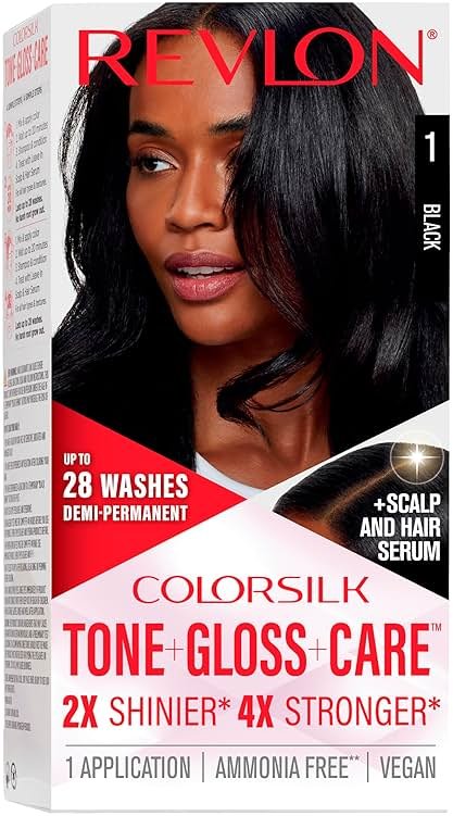 Revlon ColorSilk Tone + Gloss + Care Demi Permanent Hair Color, Dye Kit with Leave-In Scalp and Haircare Serum, 2x Shinier, 4x Stronger, 1 Black, 4.5 fl oz - Product Image