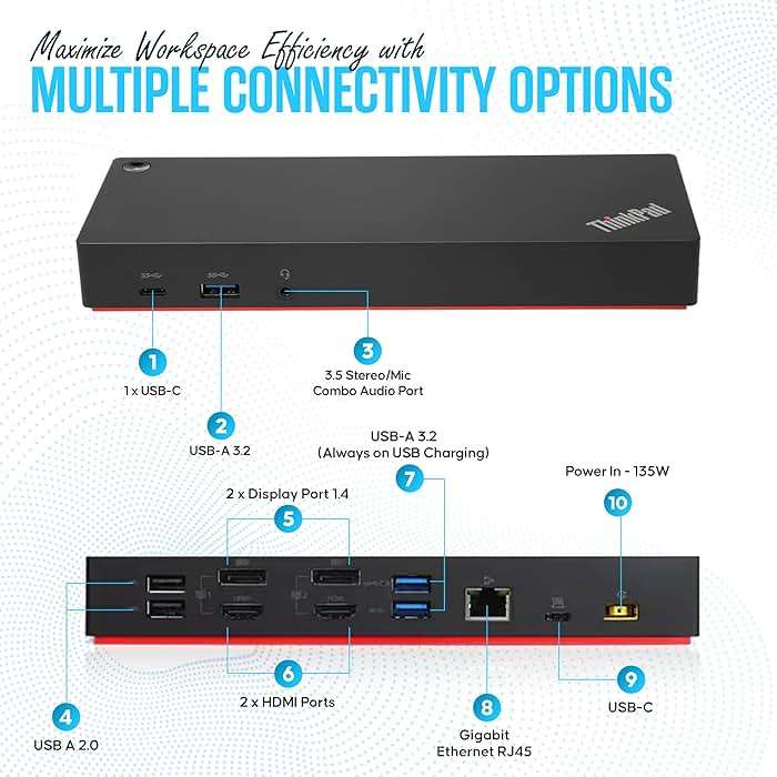 40AF0135US Lenovo Docking Station Dual Monitor Hybrid USB-C with USB-A - Thinkpad Dock with 135W, HDMI & DisplayPort Cable (40AF0135US) - Image 3