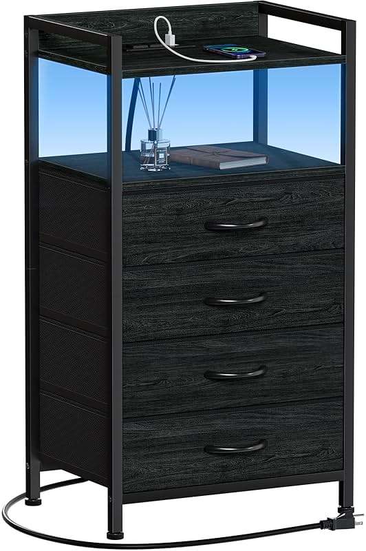 Furnulem Night Stand with Charging Station, Black Nightstand with Drawers and Led Light, Tall Dresser for Bedroom, Bedside Table with Fabric Storage Bins, Metal Frame, Wood Furniture - Image 1
