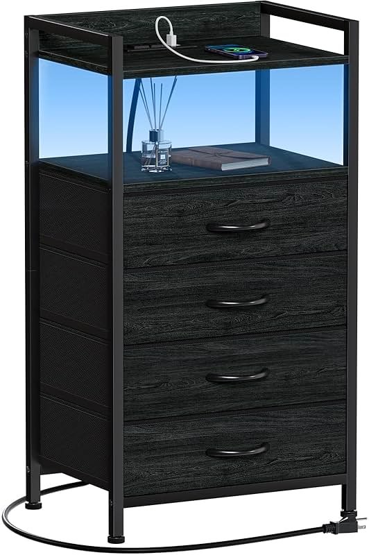 Furnulem Night Stand with Charging Station, Black Nightstand with Drawers and Led Light, Tall Dresser for Bedroom, Bedside Table with Fabric Storage Bins, Metal Frame, Wood Furniture - Product Image