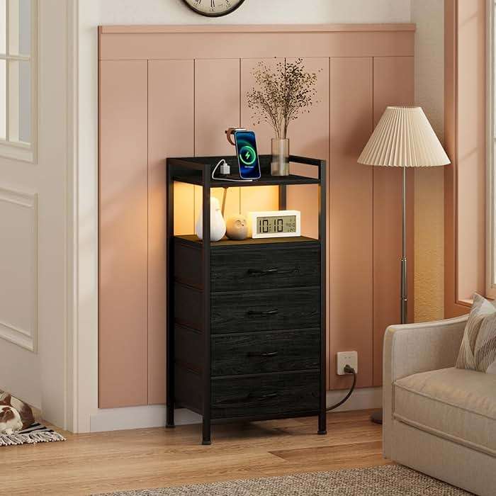 Furnulem Night Stand with Charging Station, Black Nightstand with Drawers and Led Light, Tall Dresser for Bedroom, Bedside Table with Fabric Storage Bins, Metal Frame, Wood Furniture - Image 2