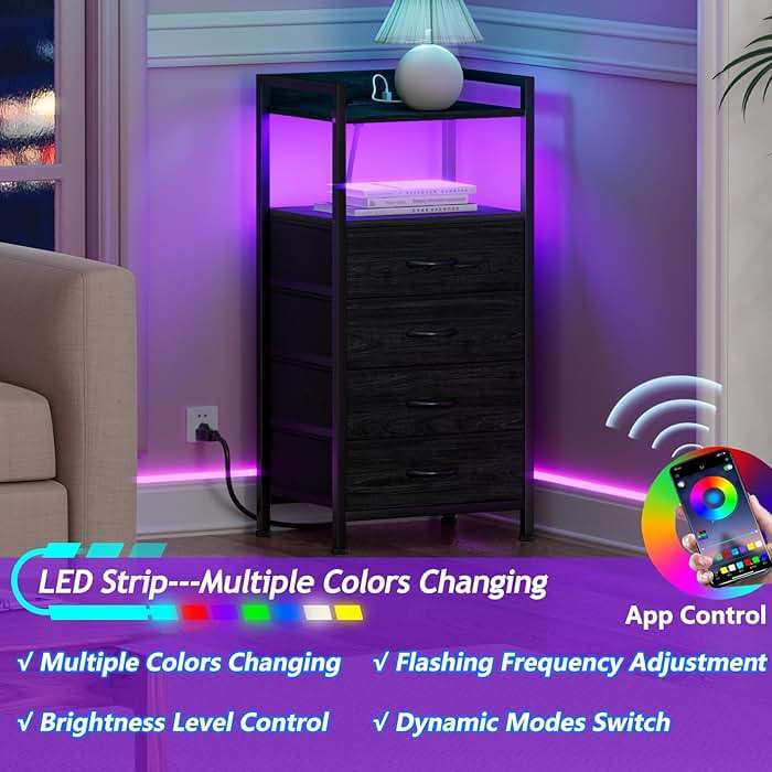 Furnulem Night Stand with Charging Station, Black Nightstand with Drawers and Led Light, Tall Dresser for Bedroom, Bedside Table with Fabric Storage Bins, Metal Frame, Wood Furniture - Image 4