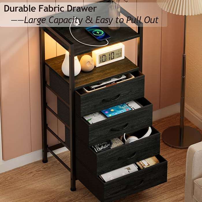 Furnulem Night Stand with Charging Station, Black Nightstand with Drawers and Led Light, Tall Dresser for Bedroom, Bedside Table with Fabric Storage Bins, Metal Frame, Wood Furniture - Image 7