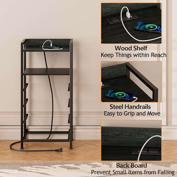 Furnulem Night Stand with Charging Station, Black Nightstand with Drawers and Led Light, Tall Dresser for Bedroom, Bedside Table with Fabric Storage Bins, Metal Frame, Wood Furniture - Image 8