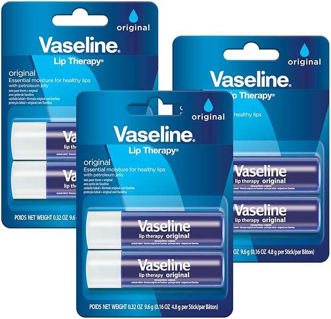 Vaseline Lip Therapy Care Original, Fast-Acting Nourishment, Ideal for Chapped, Dry, Cracked, or Damaged Lips, Lip Balm, 3-Pack of 2, 0.16 Oz Each, 6 Lip Balms - Image 1