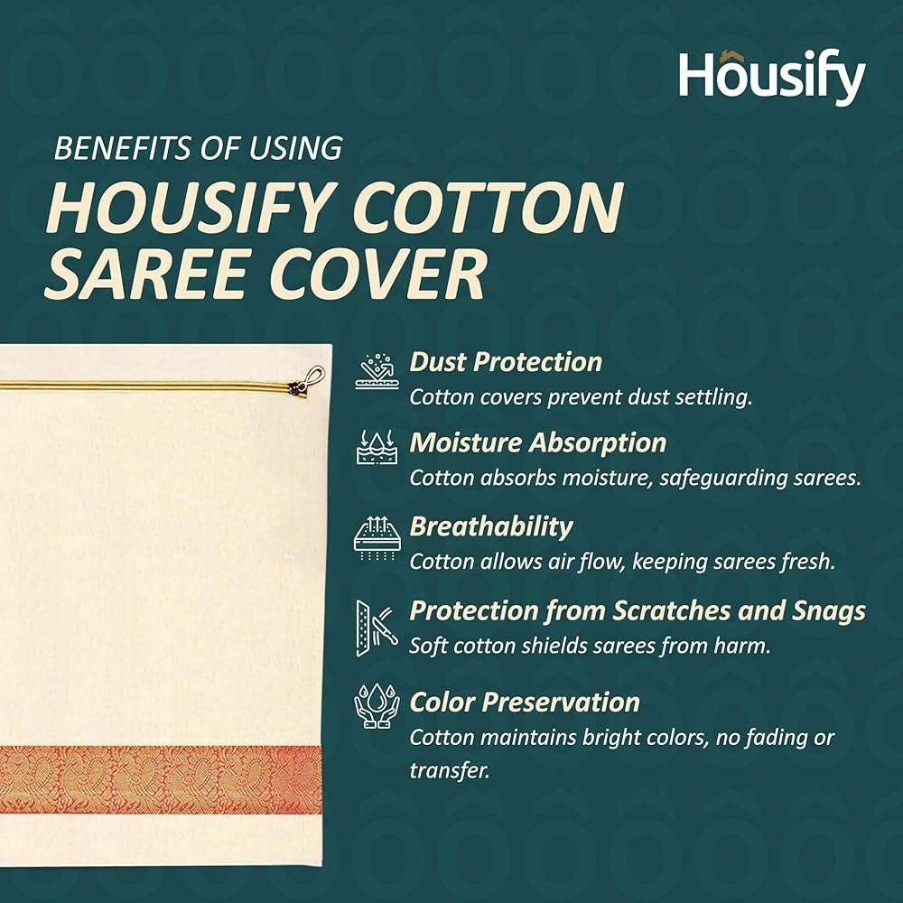 Housify Cotton Saree Covers with ZIP - Pure Cotton 20 Big Size(16.5×14.5 Inches) Single Sari Storage Bags/Cover/Pouches for Packing New Sadi - Wardrobe Organizer for Sarees/Cloths With Window (20) - Image 6