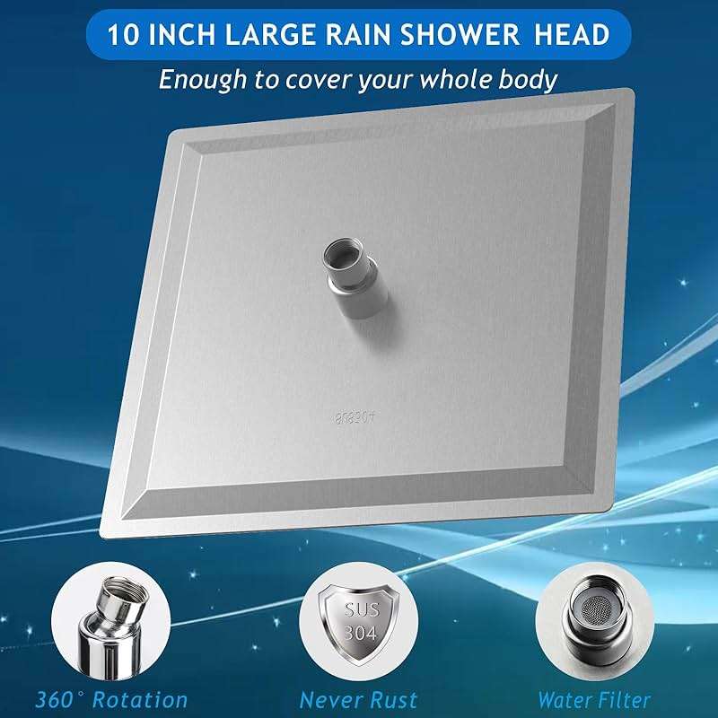Voolan All Metal Shower Head with Extension Arm, Stainless Steel Waterfall Rainfall Showerheads, High Flow Bathroom Square Rain Shower Head (10’’ Shower Head with 16’’ Shower Arm, Brushed Nickel) - Image 4