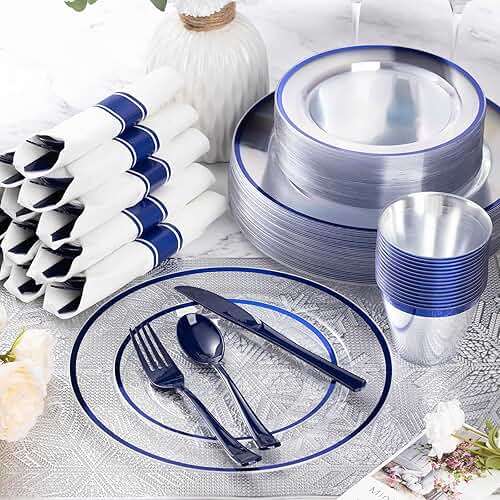Goodluck 175 Piece Dark Blue Plastic Dinnerware Set for Party, Clear Disposable Plates for 25 Guests, Include: 25 Dinner Plates, 25 Dessert Plates, 25 Pre Rolled Napkins with Cutlery Set, 25 Cups - Image 2