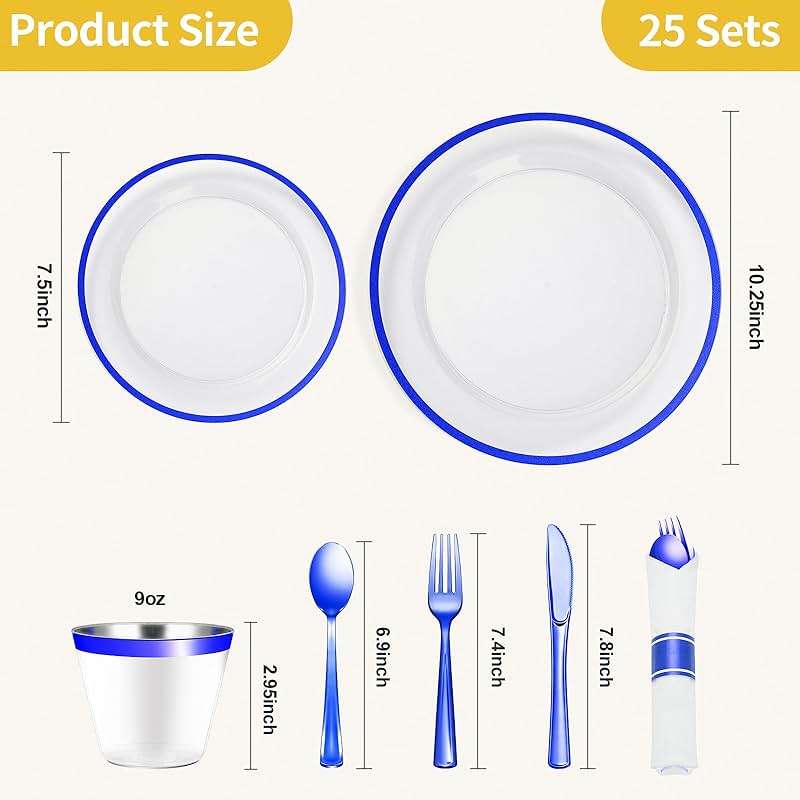 Goodluck 175 Piece Dark Blue Plastic Dinnerware Set for Party, Clear Disposable Plates for 25 Guests, Include: 25 Dinner Plates, 25 Dessert Plates, 25 Pre Rolled Napkins with Cutlery Set, 25 Cups - Image 3