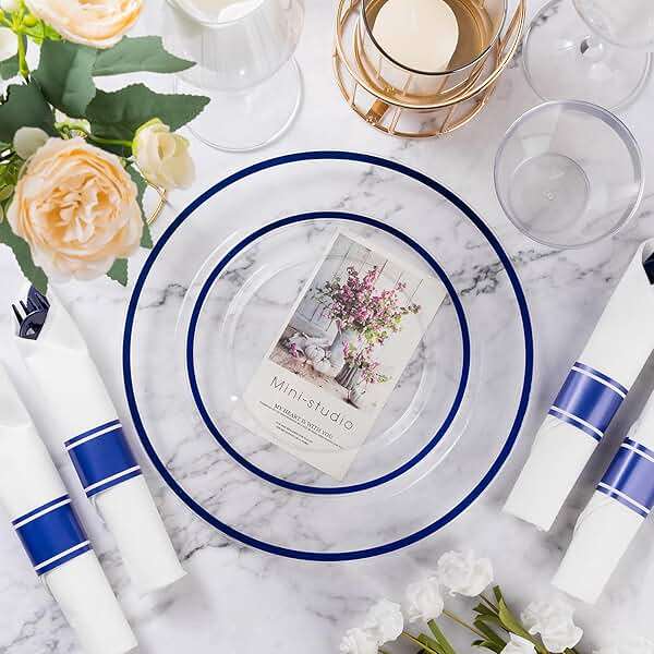 Goodluck 175 Piece Dark Blue Plastic Dinnerware Set for Party, Clear Disposable Plates for 25 Guests, Include: 25 Dinner Plates, 25 Dessert Plates, 25 Pre Rolled Napkins with Cutlery Set, 25 Cups - Image 4