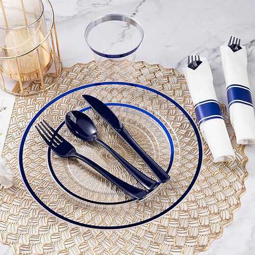 Goodluck 175 Piece Dark Blue Plastic Dinnerware Set for Party, Clear Disposable Plates for 25 Guests, Include: 25 Dinner Plates, 25 Dessert Plates, 25 Pre Rolled Napkins with Cutlery Set, 25 Cups - Image 5