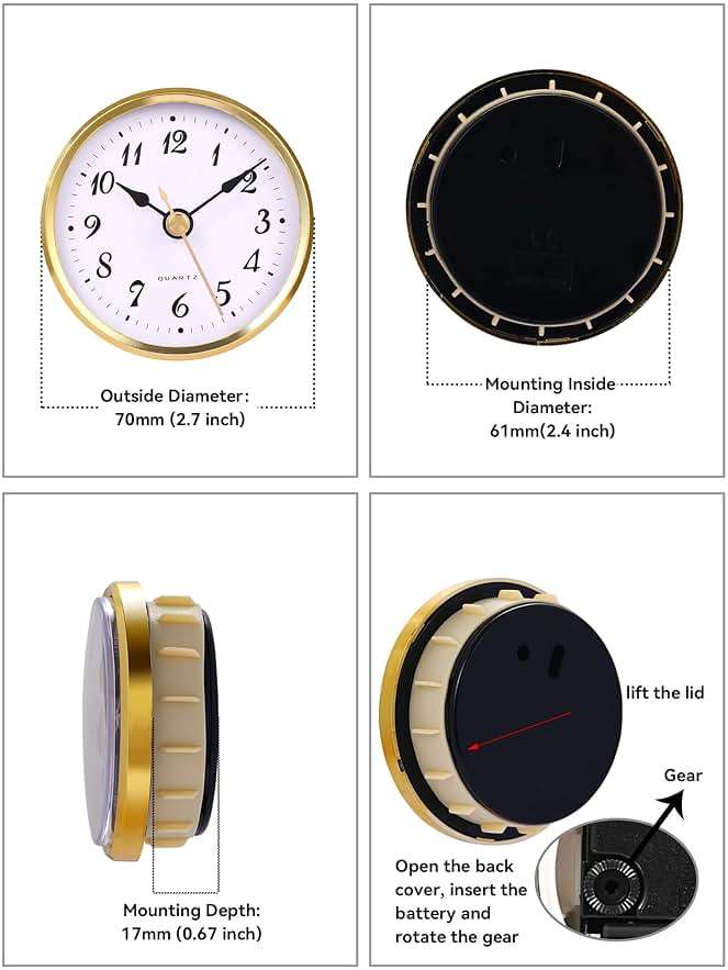 WinTaim Clock Insert 70mm (2.8 Inch), Classic Arabic Numerals Decor, Quartz Replacement, Battery Operated, Fits Hole Diameter 62mm (2.4 Inch) - Gold - Image 2