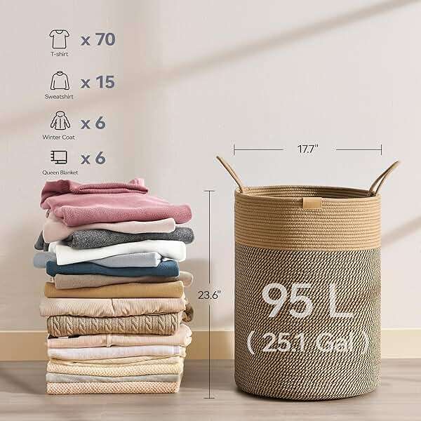 Nunsino Laundry Hamper 95L,Large Laundry Basket for Clothes,Decorative Storage Basket for Blankets,Cotton Rope Woven basket for bedroom,Dark Brown - Image 2