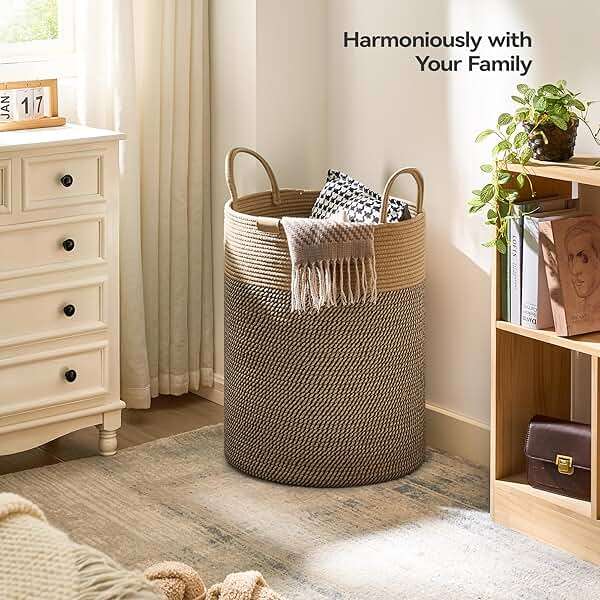 Nunsino Laundry Hamper 95L,Large Laundry Basket for Clothes,Decorative Storage Basket for Blankets,Cotton Rope Woven basket for bedroom,Dark Brown - Image 3