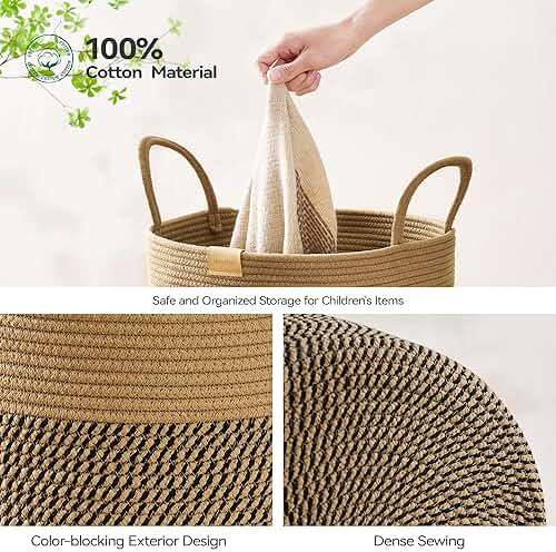 Nunsino Laundry Hamper 95L,Large Laundry Basket for Clothes,Decorative Storage Basket for Blankets,Cotton Rope Woven basket for bedroom,Dark Brown - Image 6