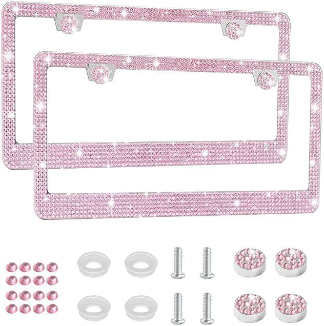 Amiss Bling License Plate Frame for Women, 2Pack Rhinestone Handcrafted Crystal Premium Stainless Steel, Stainless Steel Car Accessories with Diamond Sparkle Glitter Caps (Pink) - Image 1