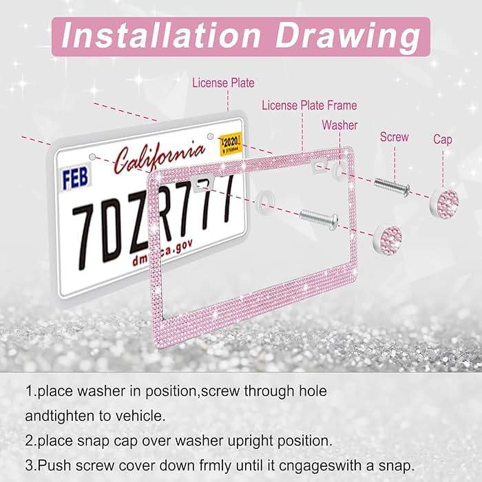 Amiss Bling License Plate Frame for Women, 2Pack Rhinestone Handcrafted Crystal Premium Stainless Steel, Stainless Steel Car Accessories with Diamond Sparkle Glitter Caps (Pink) - Image 5