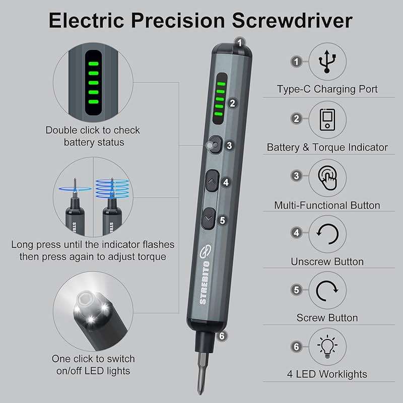 STREBITO Mini Electric Screwdriver Set, 70 in 1 Small Electric Screwdriver - 64 S2 Preicison Bits, 5 Torque Settings, 4 LED Lights, Mini Power Screwdriver Repair Tool Kit for PC Electronic (Standard) - Image 2