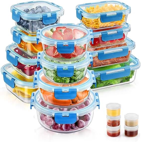 34pcs Glass Food Storage Containers with Lids Set, Airtight Glass Meal Prep Containers (17 Containers & 17 Lids), Leak Proof Lunch Container BPA-Free, Microwave, Oven, Freezer, Dishwasher Safe-Blue - Product Image