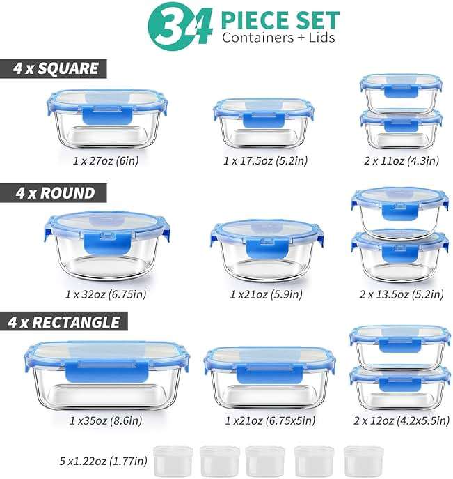 34pcs Glass Food Storage Containers with Lids Set, Airtight Glass Meal Prep Containers (17 Containers & 17 Lids), Leak Proof Lunch Container BPA-Free, Microwave, Oven, Freezer, Dishwasher Safe-Blue - Image 2