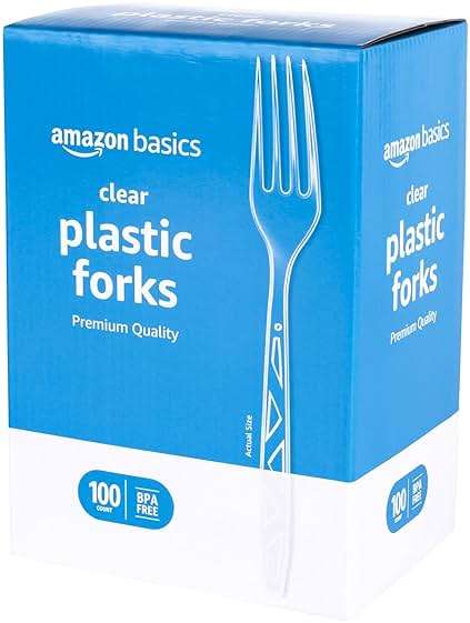 Amazon Basics Disposable Clear Plastic Forks, Premium Quality, BPA-Free, for Everyday Use, Party Supply, Events, 100 Count - Image 1