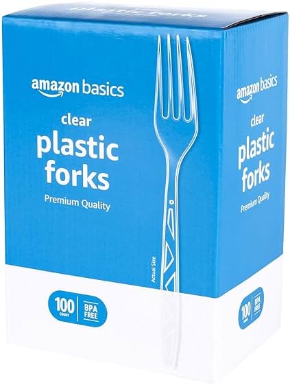 Amazon Basics Disposable Clear Plastic Forks, Premium Quality, BPA-Free, for Everyday Use, Party Supply, Events, 100 Count - Product Image