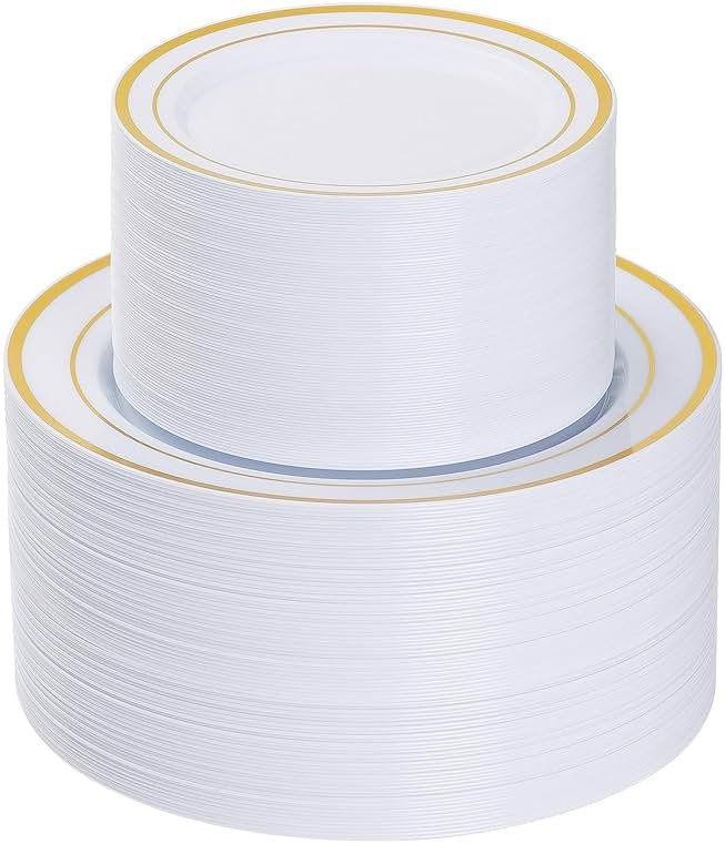 Goodluck 200PCS Gold Plastic Plates, Heavy Duty Disposable Gold Plates with 100 10.25 inch Dinner Plates and 100 7.5 inch Dessert Plates for Party, Holiday, Wedding, Thanksgiving - Product Image