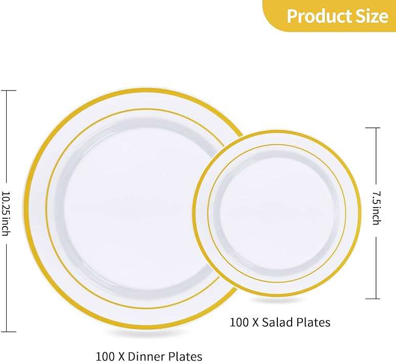 Goodluck 200PCS Gold Plastic Plates, Heavy Duty Disposable Gold Plates with 100 10.25 inch Dinner Plates and 100 7.5 inch Dessert Plates for Party, Holiday, Wedding, Thanksgiving - Image 3