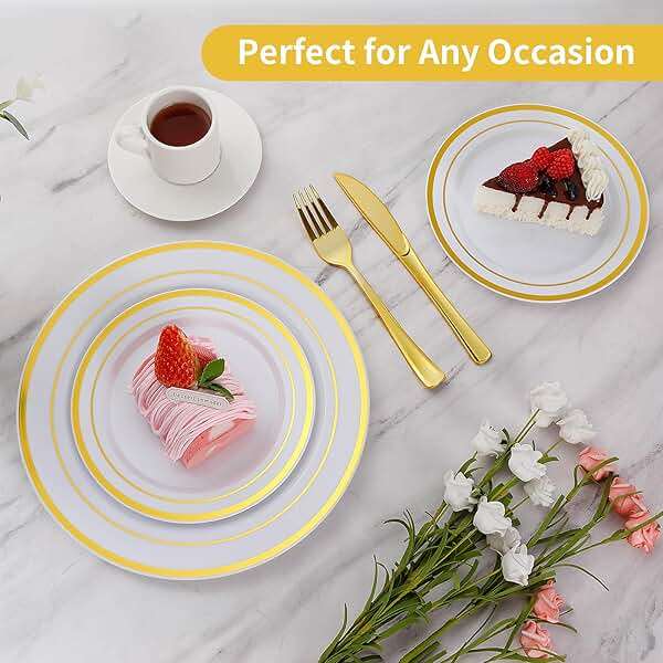 Goodluck 200PCS Gold Plastic Plates, Heavy Duty Disposable Gold Plates with 100 10.25 inch Dinner Plates and 100 7.5 inch Dessert Plates for Party, Holiday, Wedding, Thanksgiving - Image 4