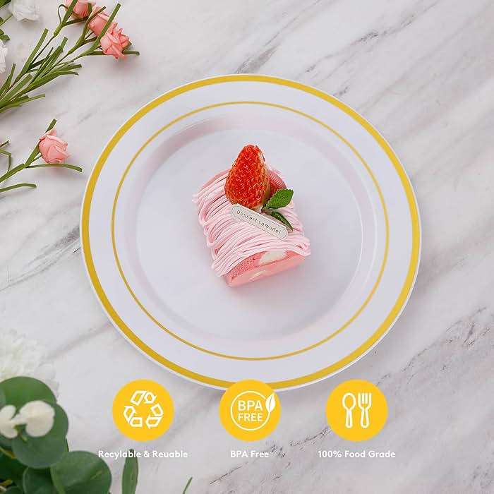 Goodluck 200PCS Gold Plastic Plates, Heavy Duty Disposable Gold Plates with 100 10.25 inch Dinner Plates and 100 7.5 inch Dessert Plates for Party, Holiday, Wedding, Thanksgiving - Image 5