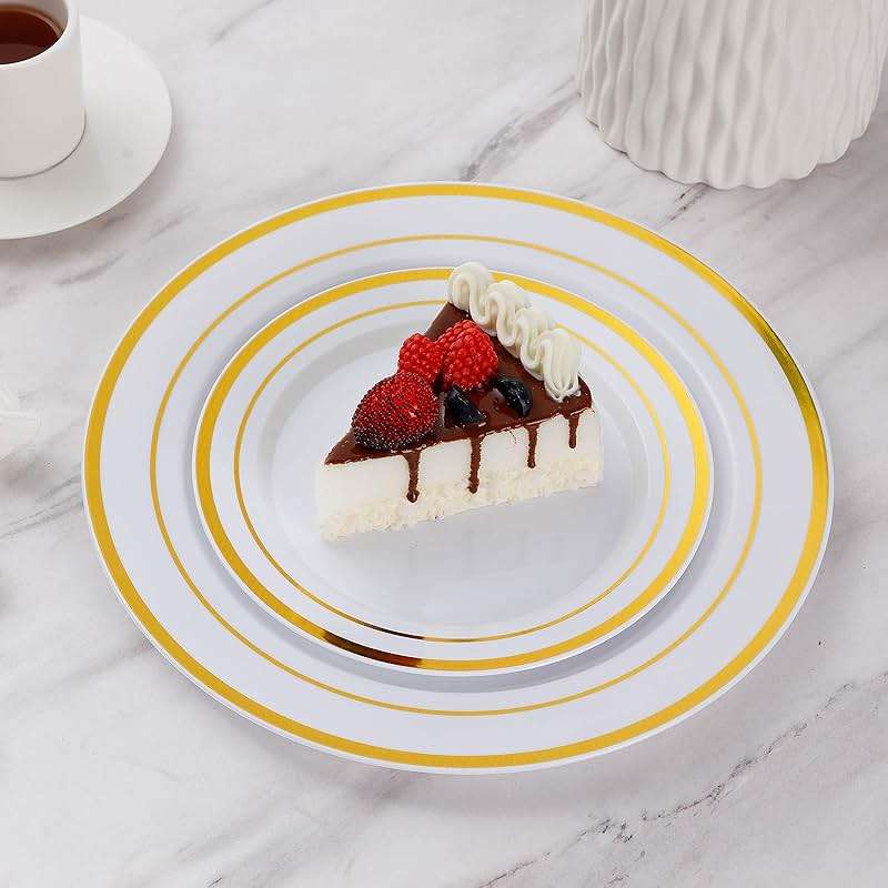 Goodluck 200PCS Gold Plastic Plates, Heavy Duty Disposable Gold Plates with 100 10.25 inch Dinner Plates and 100 7.5 inch Dessert Plates for Party, Holiday, Wedding, Thanksgiving - Image 6