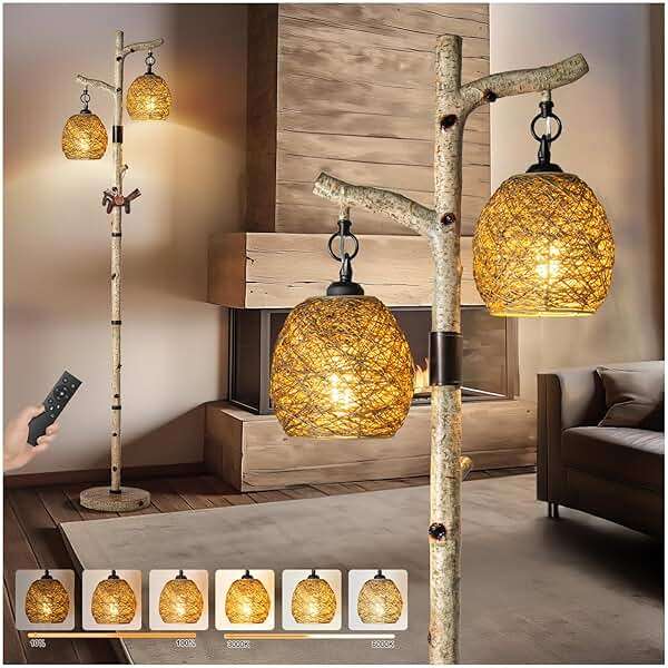 Scenekoy 68.5" Rustic Farmhouse Remote Control Switch Birch Tree Floor lamp with Bird Nest Lantern Shade Vintage Standing Lamp for Living Room Bedroom Hotel Bar Office Wood House(Bulb Included) - Image 1