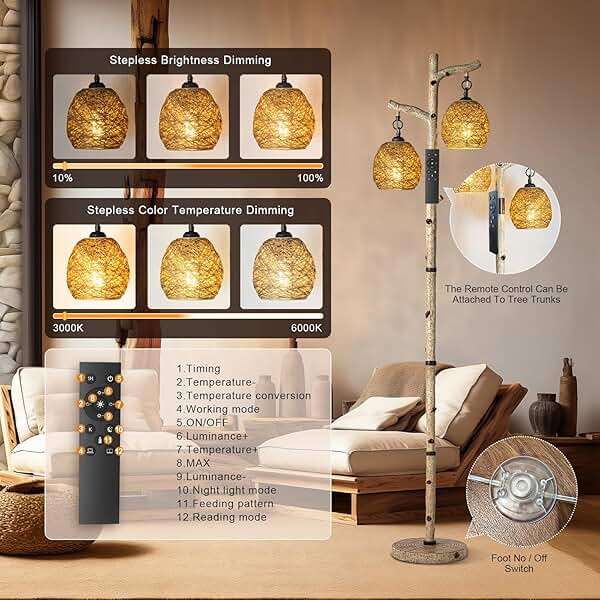 Scenekoy 68.5" Rustic Farmhouse Remote Control Switch Birch Tree Floor lamp with Bird Nest Lantern Shade Vintage Standing Lamp for Living Room Bedroom Hotel Bar Office Wood House(Bulb Included) - Image 2