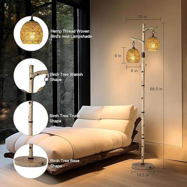 Scenekoy 68.5" Rustic Farmhouse Remote Control Switch Birch Tree Floor lamp with Bird Nest Lantern Shade Vintage Standing Lamp for Living Room Bedroom Hotel Bar Office Wood House(Bulb Included) - Image 3