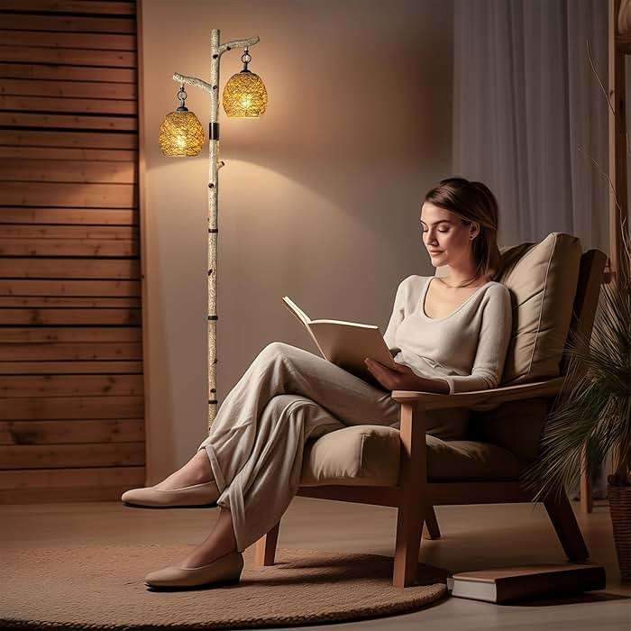 Scenekoy 68.5" Rustic Farmhouse Remote Control Switch Birch Tree Floor lamp with Bird Nest Lantern Shade Vintage Standing Lamp for Living Room Bedroom Hotel Bar Office Wood House(Bulb Included) - Image 4