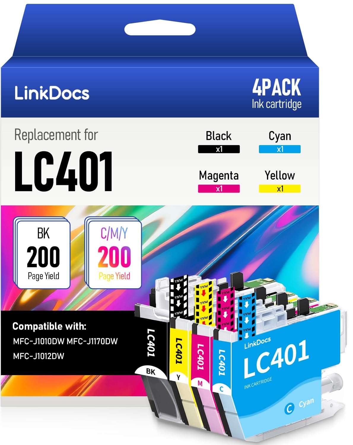 LinkDocs LC401 Ink Cartridges Compatible Replacement for Brother LC401 LC401XL to Use with Brother MFC-J1010DW MFC-J1170DW MFC-J1012DW Printer (Black Cyan Magenta Yellow 4 Pack) - Image 1