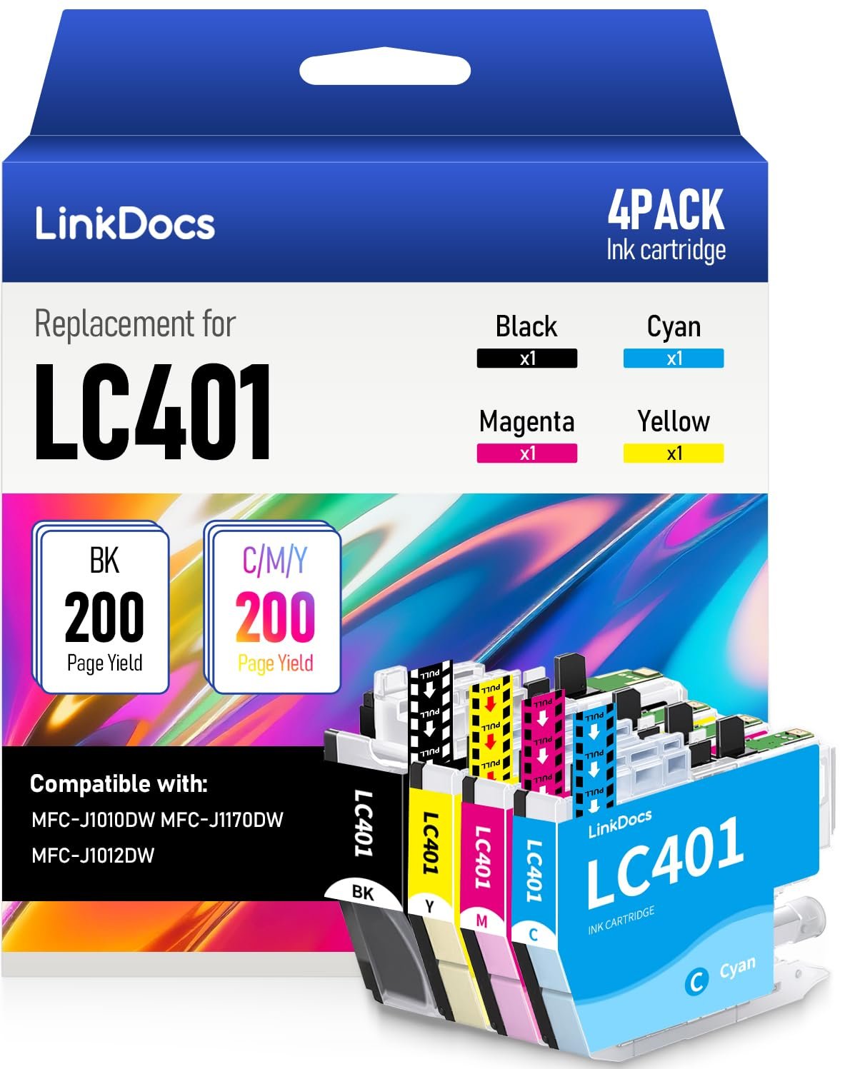 LinkDocs LC401 Ink Cartridges Compatible Replacement for Brother LC401 LC401XL to Use with Brother MFC-J1010DW MFC-J1170DW MFC-J1012DW Printer (Black Cyan Magenta Yellow 4 Pack) - Product Image