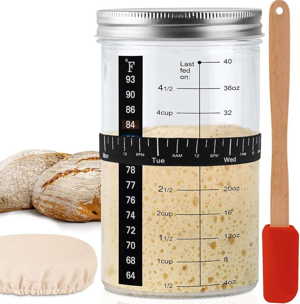 Tyniaide 40oz/1200ml Sourdough Starter Kit – Extra Thermometer Strips and Breathable Covers Included in Sourdough Starter Jar – A Perfect Sourdough Bread Starter Kit for Beginners to Expert - Image 1