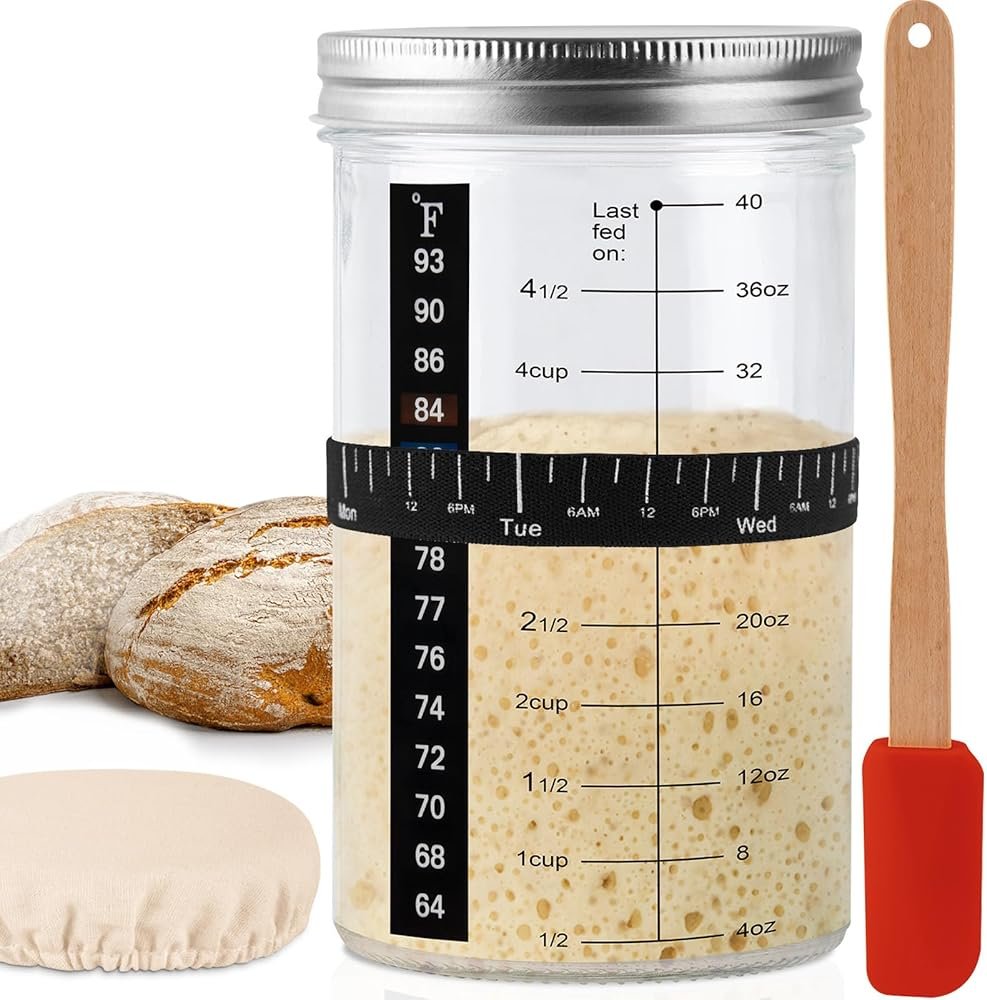 Tyniaide 40oz/1200ml Sourdough Starter Kit – Extra Thermometer Strips and Breathable Covers Included in Sourdough Starter Jar – A Perfect Sourdough Bread Starter Kit for Beginners to Expert - Product Image