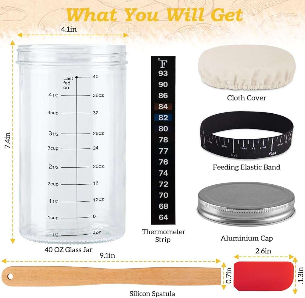 Tyniaide 40oz/1200ml Sourdough Starter Kit – Extra Thermometer Strips and Breathable Covers Included in Sourdough Starter Jar – A Perfect Sourdough Bread Starter Kit for Beginners to Expert - Image 3