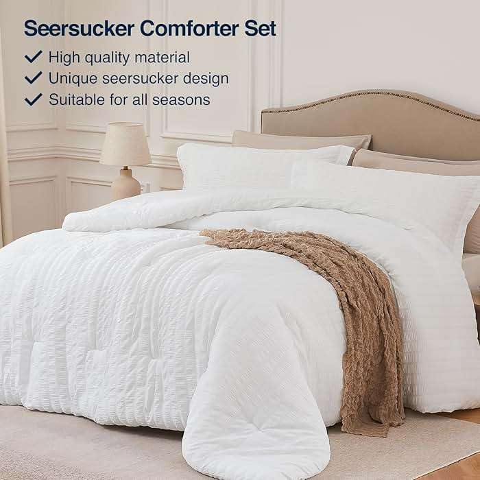Quataly White Comforter Queen,3PCS Seersucker Lightweight Bed Set for All Season,1 Elegant Comforter (90"x90") and 2 Soft Pillowcases (20"x30") - Image 2