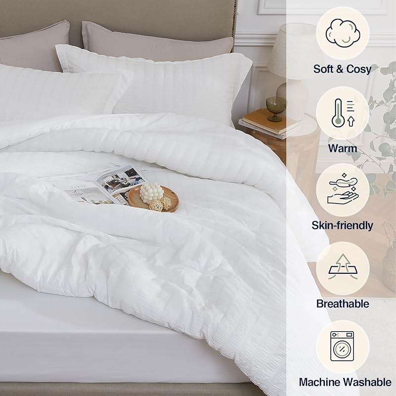 Quataly White Comforter Queen,3PCS Seersucker Lightweight Bed Set for All Season,1 Elegant Comforter (90"x90") and 2 Soft Pillowcases (20"x30") - Image 4