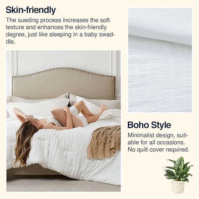 Quataly White Comforter Queen,3PCS Seersucker Lightweight Bed Set for All Season,1 Elegant Comforter (90"x90") and 2 Soft Pillowcases (20"x30") - Image 7
