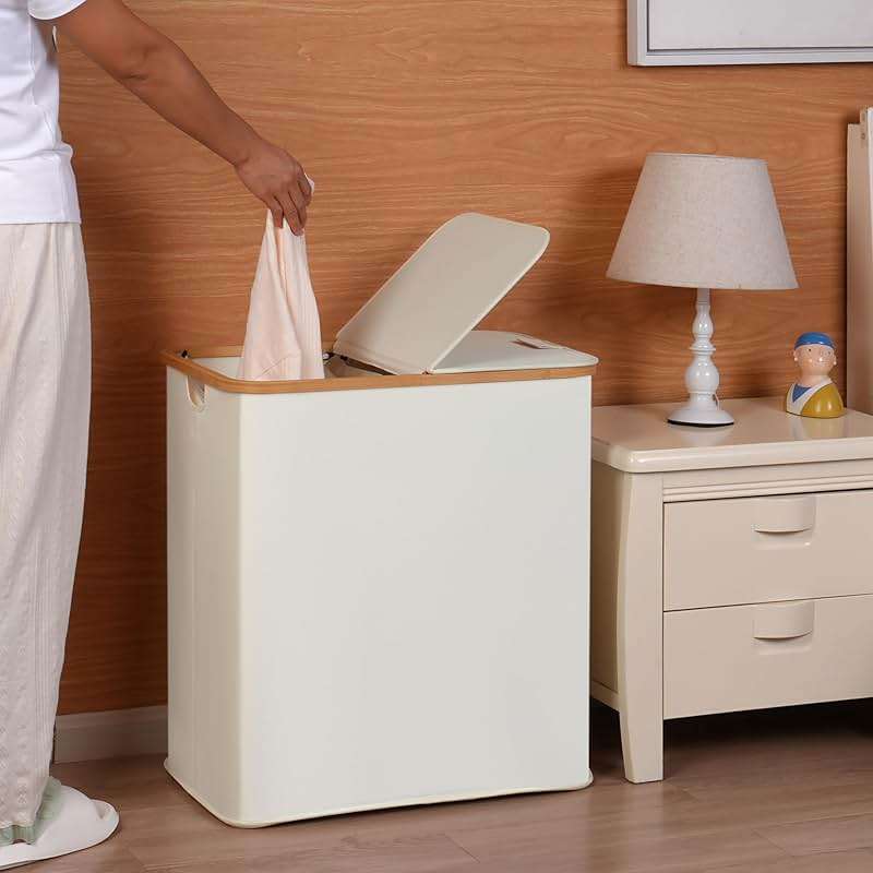 efluky Laundry Hamper with Lid, Double Laundry Hamper with 2 Removable Bags, 2 Section Laundry Basket with Bamboo Handles for Bathroom, Bedroom & Laundry Room, 140L (36.9 Gallon) Beige - Image 3
